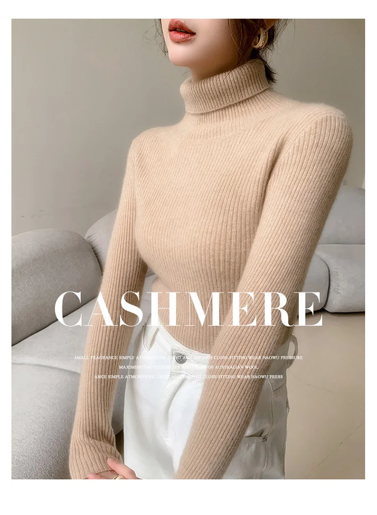 100% Cashmere Sweater Women's Knitted Pullover Sweater High Neck Solid Color Slim Fit Soft Cashmere Basic Women's Sweater