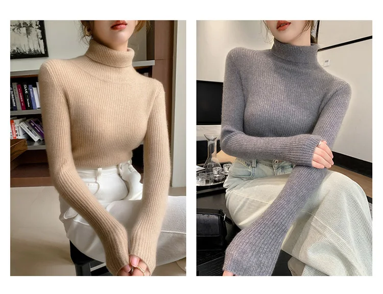 100% Cashmere Sweater Women's Knitted Pullover Sweater High Neck Solid Color Slim Fit Soft Cashmere Basic Women's Sweater