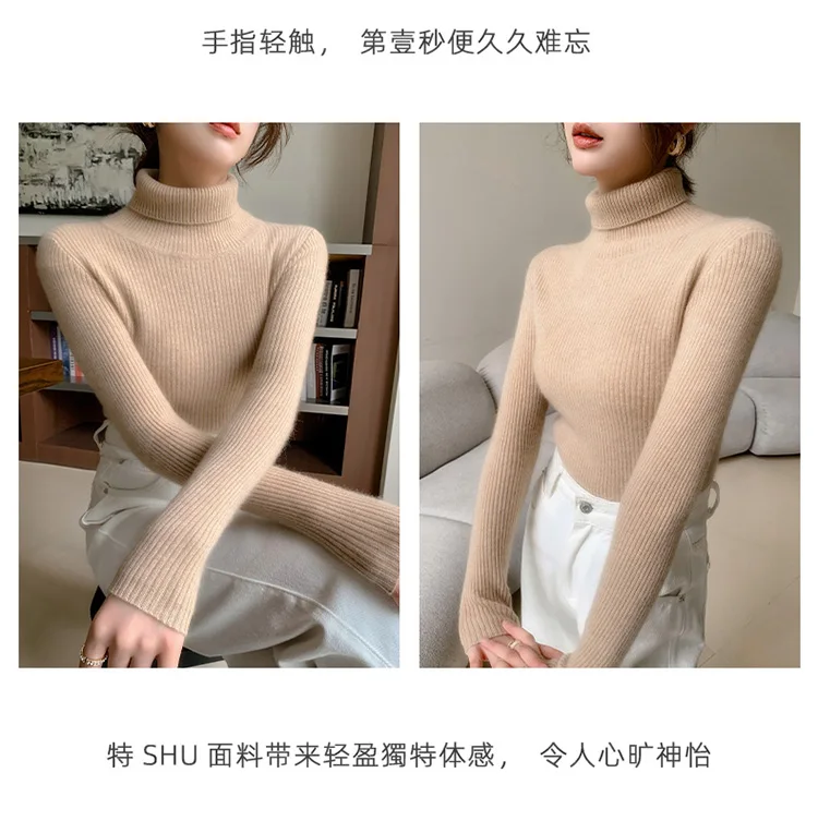 100% Cashmere Sweater Women's Knitted Pullover Sweater High Neck Solid Color Slim Fit Soft Cashmere Basic Women's Sweater