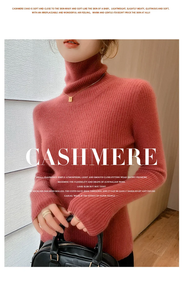 100% Cashmere Sweater Women's Knitted Pullover Sweater High Neck Solid Color Slim Fit Soft Cashmere Basic Women's Sweater