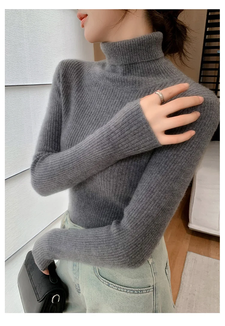 100% Cashmere Sweater Women's Knitted Pullover Sweater High Neck Solid Color Slim Fit Soft Cashmere Basic Women's Sweater