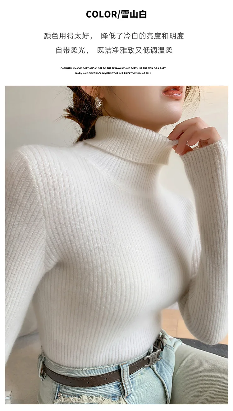 100% Cashmere Sweater Women's Knitted Pullover Sweater High Neck Solid Color Slim Fit Soft Cashmere Basic Women's Sweater