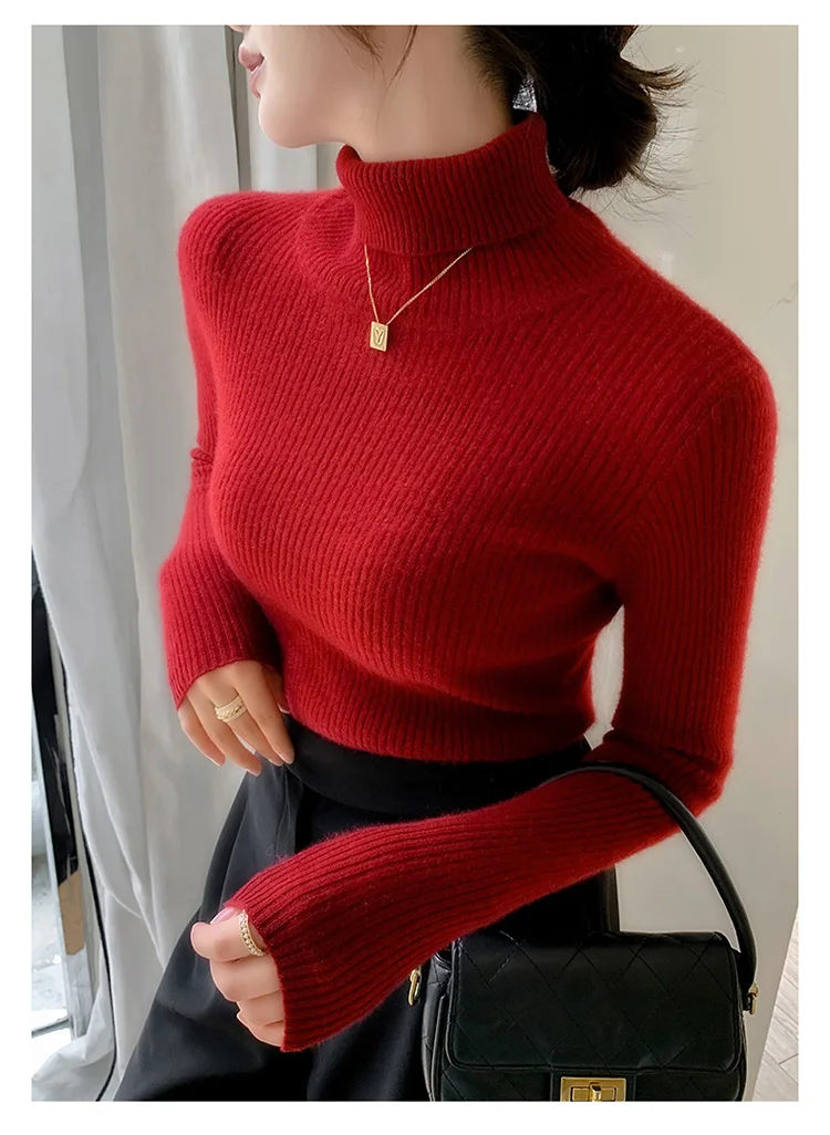 100% Cashmere Sweater Women's Knitted Pullover Sweater High Neck Solid Color Slim Fit Soft Cashmere Basic Women's Sweater