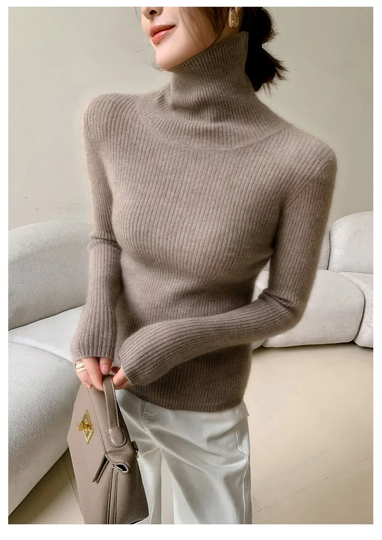 100% Cashmere Sweater Women's Knitted Pullover Sweater High Neck Solid Color Slim Fit Soft Cashmere Basic Women's Sweater