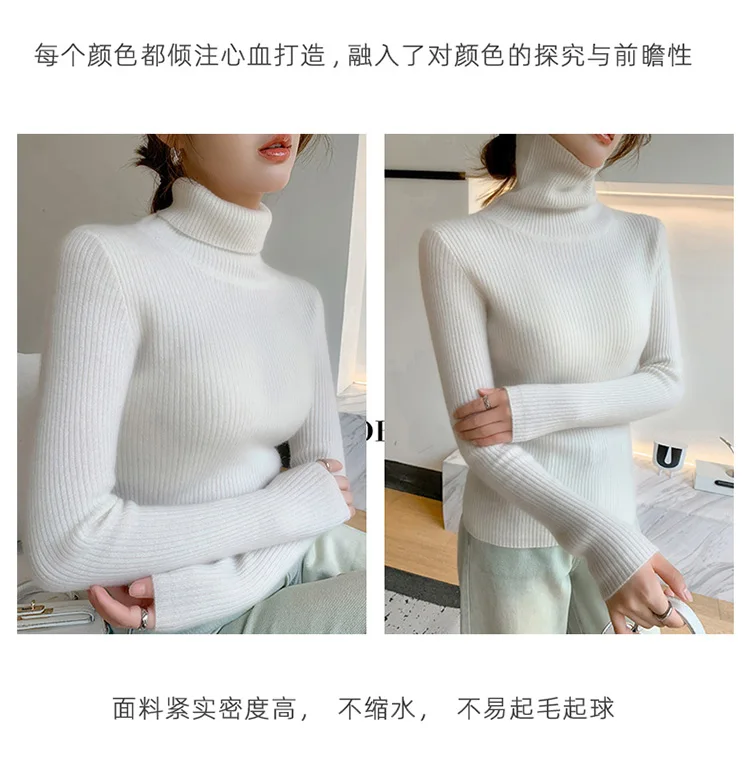 100% Cashmere Sweater Women's Knitted Pullover Sweater High Neck Solid Color Slim Fit Soft Cashmere Basic Women's Sweater