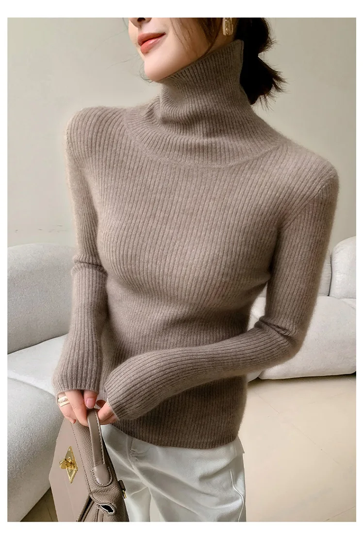 100% Cashmere Sweater Women's Knitted Pullover Sweater High Neck Solid Color Slim Fit Soft Cashmere Basic Women's Sweater