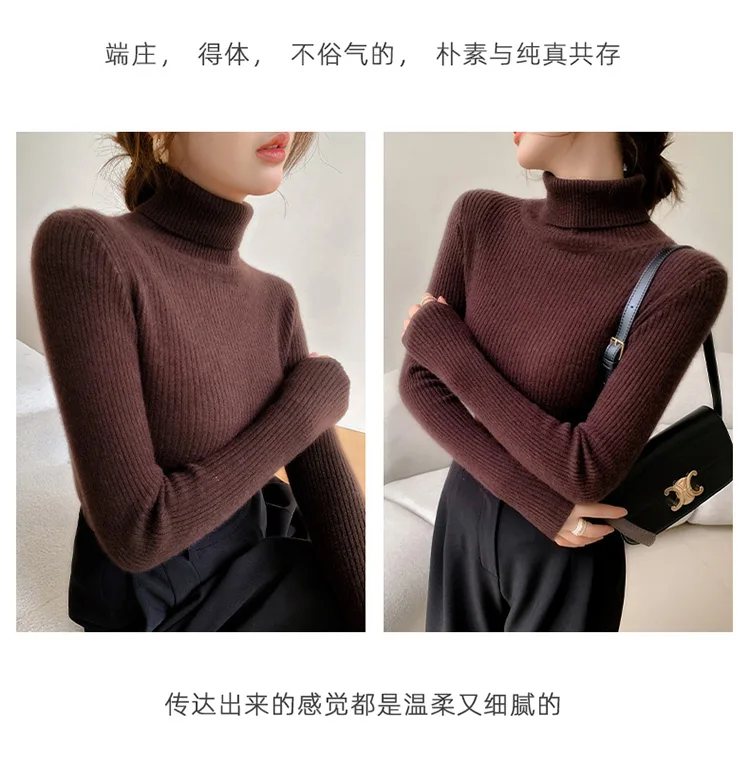 100% Cashmere Sweater Women's Knitted Pullover Sweater High Neck Solid Color Slim Fit Soft Cashmere Basic Women's Sweater
