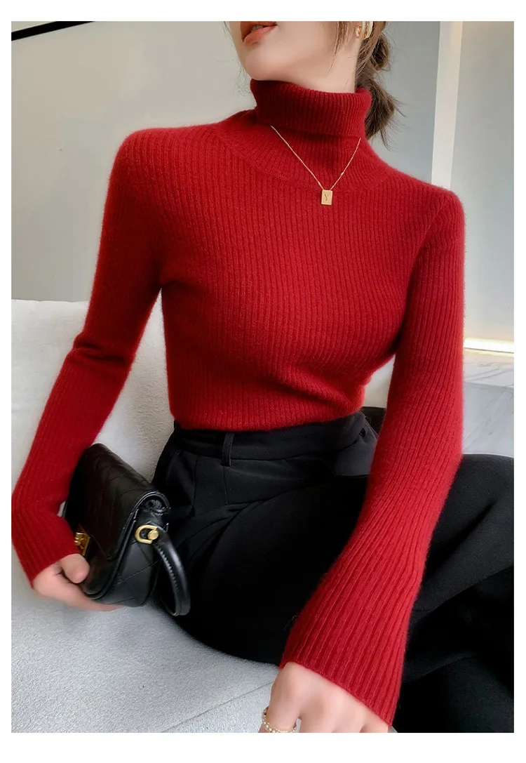 100% Cashmere Sweater Women's Knitted Pullover Sweater High Neck Solid Color Slim Fit Soft Cashmere Basic Women's Sweater