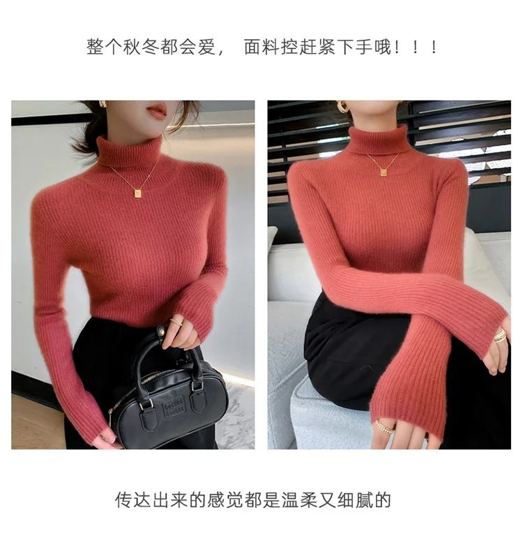 100% Cashmere Sweater Women's Knitted Pullover Sweater High Neck Solid Color Slim Fit Soft Cashmere Basic Women's Sweater