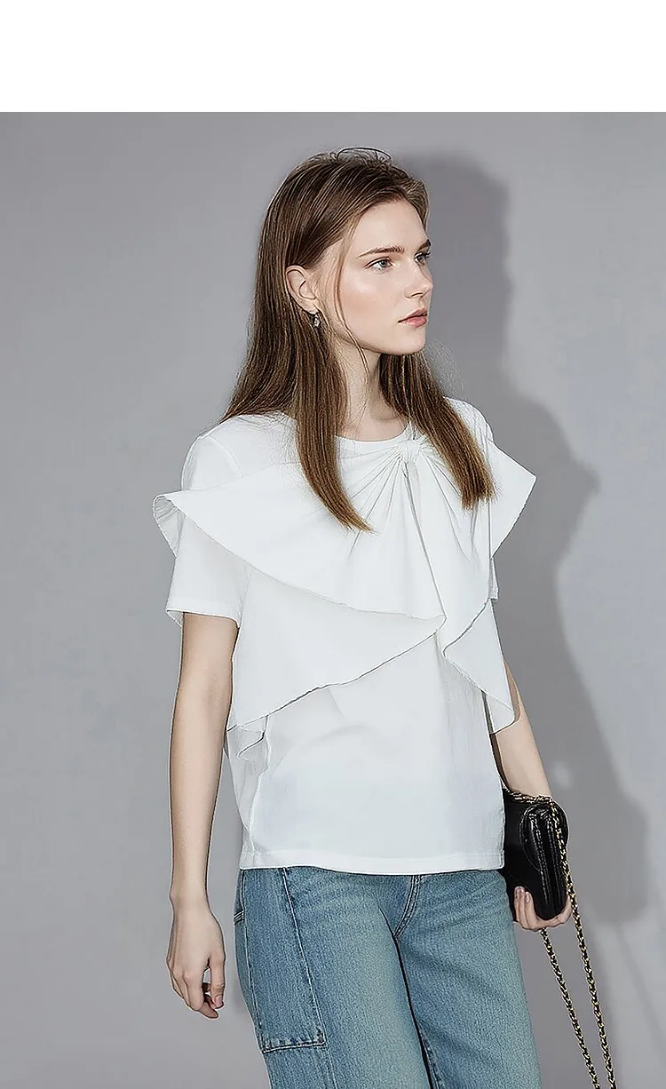 Amii Women's Cotton T-Shirt 2026 Summer New Round Neck Bow Detail Short Sleeve Tee Loose Versatile Casual Top for Women 12652061