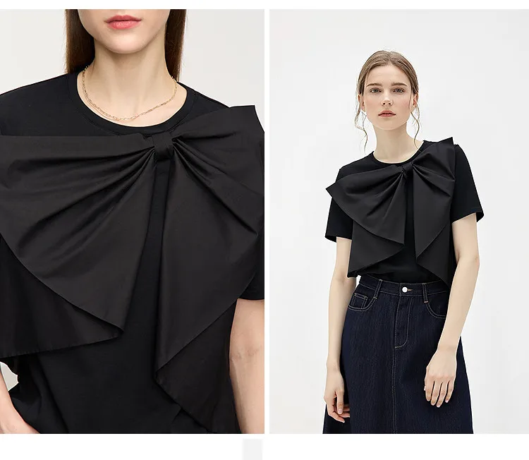 Amii Women's Cotton T-Shirt 2026 Summer New Round Neck Bow Detail Short Sleeve Tee Loose Versatile Casual Top for Women 12652061