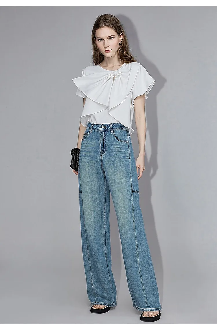 Amii Women's Cotton T-Shirt 2026 Summer New Round Neck Bow Detail Short Sleeve Tee Loose Versatile Casual Top for Women 12652061