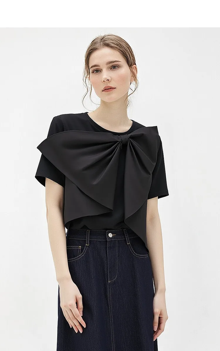 Amii Women's Cotton T-Shirt 2026 Summer New Round Neck Bow Detail Short Sleeve Tee Loose Versatile Casual Top for Women 12652061