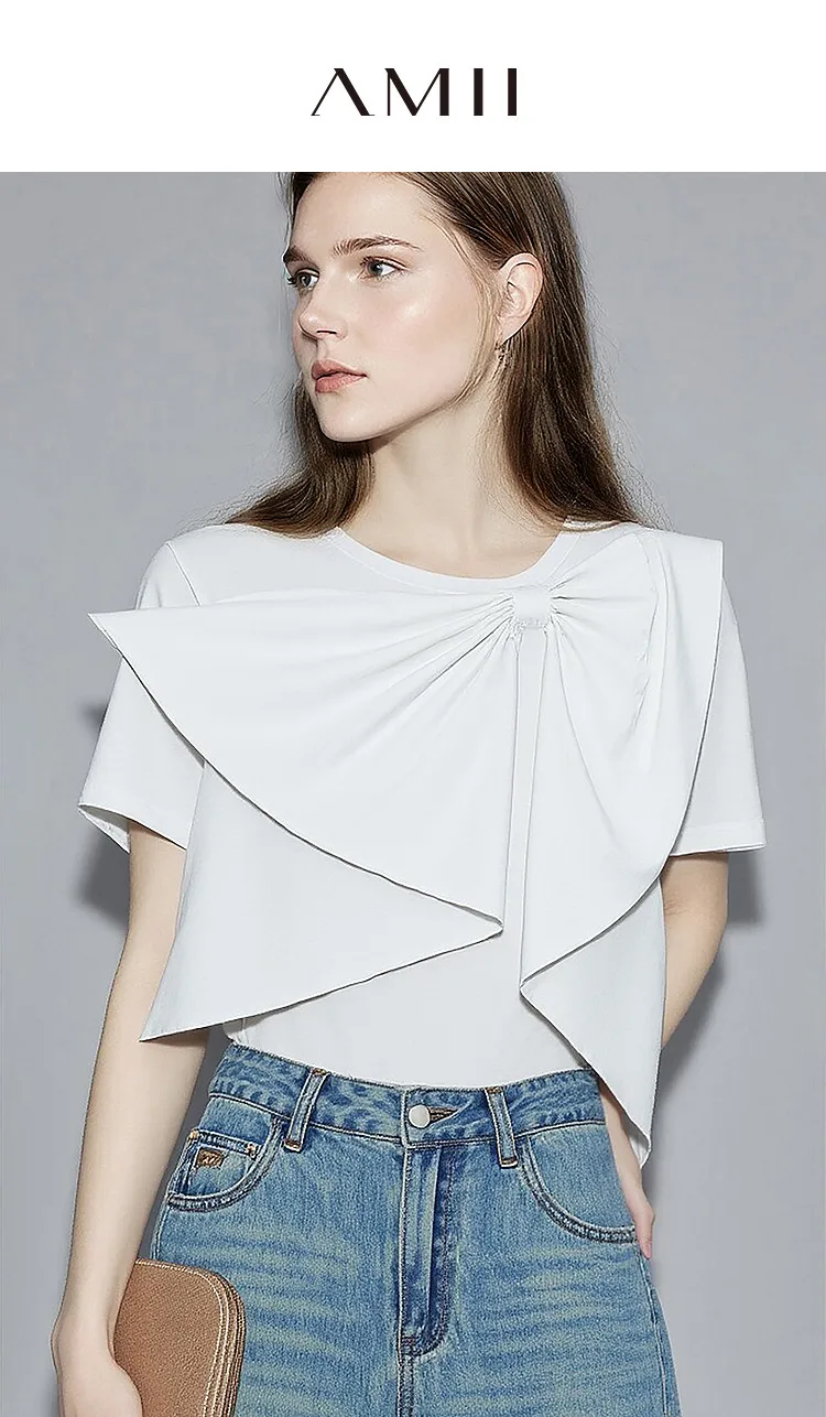 Amii Women's Cotton T-Shirt 2026 Summer New Round Neck Bow Detail Short Sleeve Tee Loose Versatile Casual Top for Women 12652061