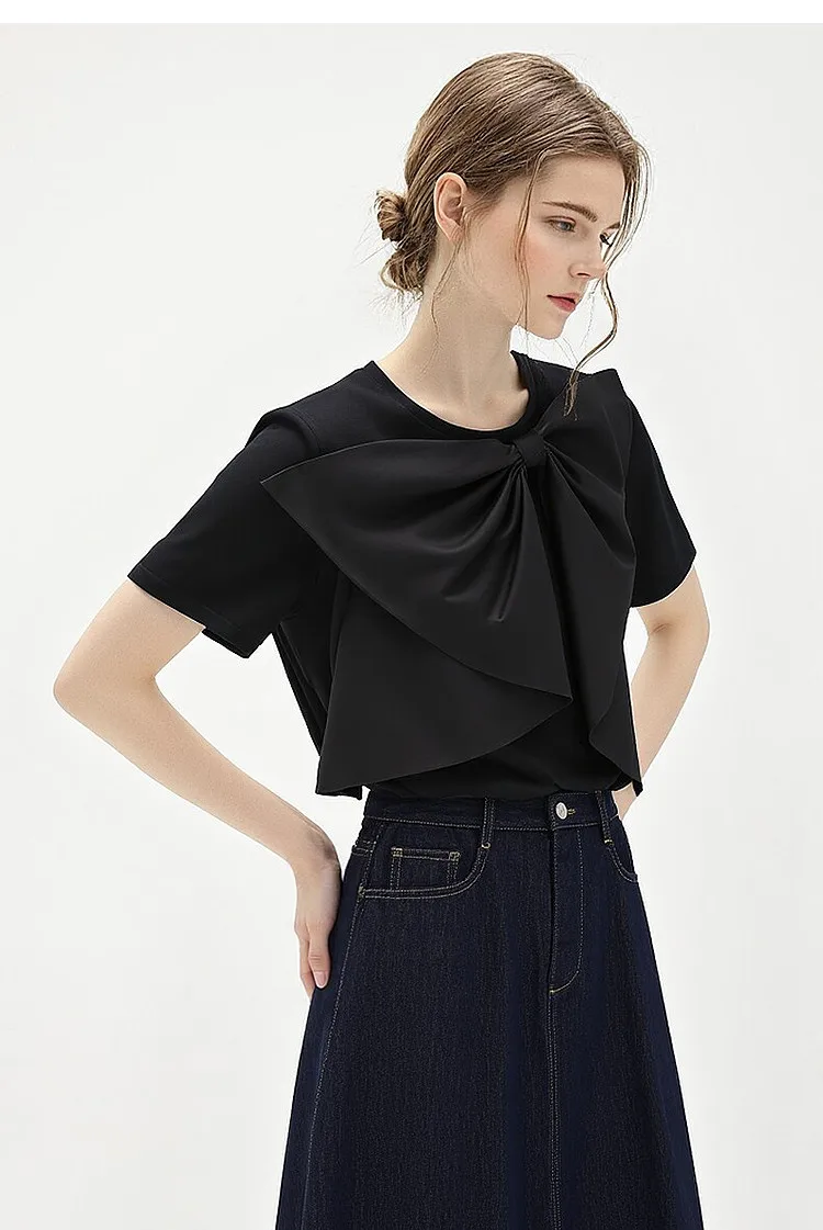 Amii Women's Cotton T-Shirt 2026 Summer New Round Neck Bow Detail Short Sleeve Tee Loose Versatile Casual Top for Women 12652061