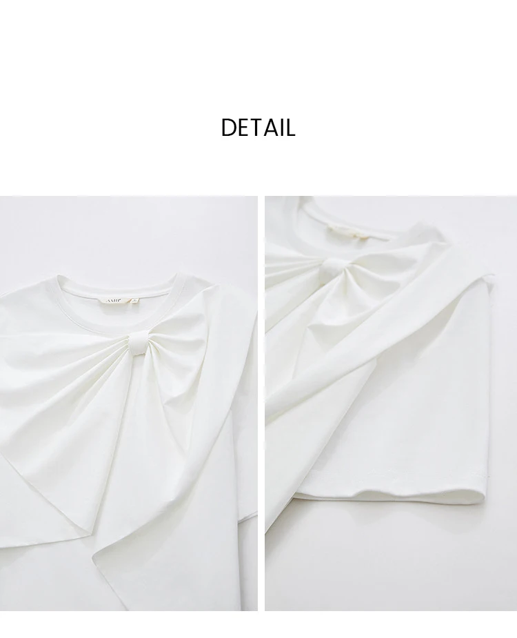 Amii Women's Cotton T-Shirt 2026 Summer New Round Neck Bow Detail Short Sleeve Tee Loose Versatile Casual Top for Women 12652061