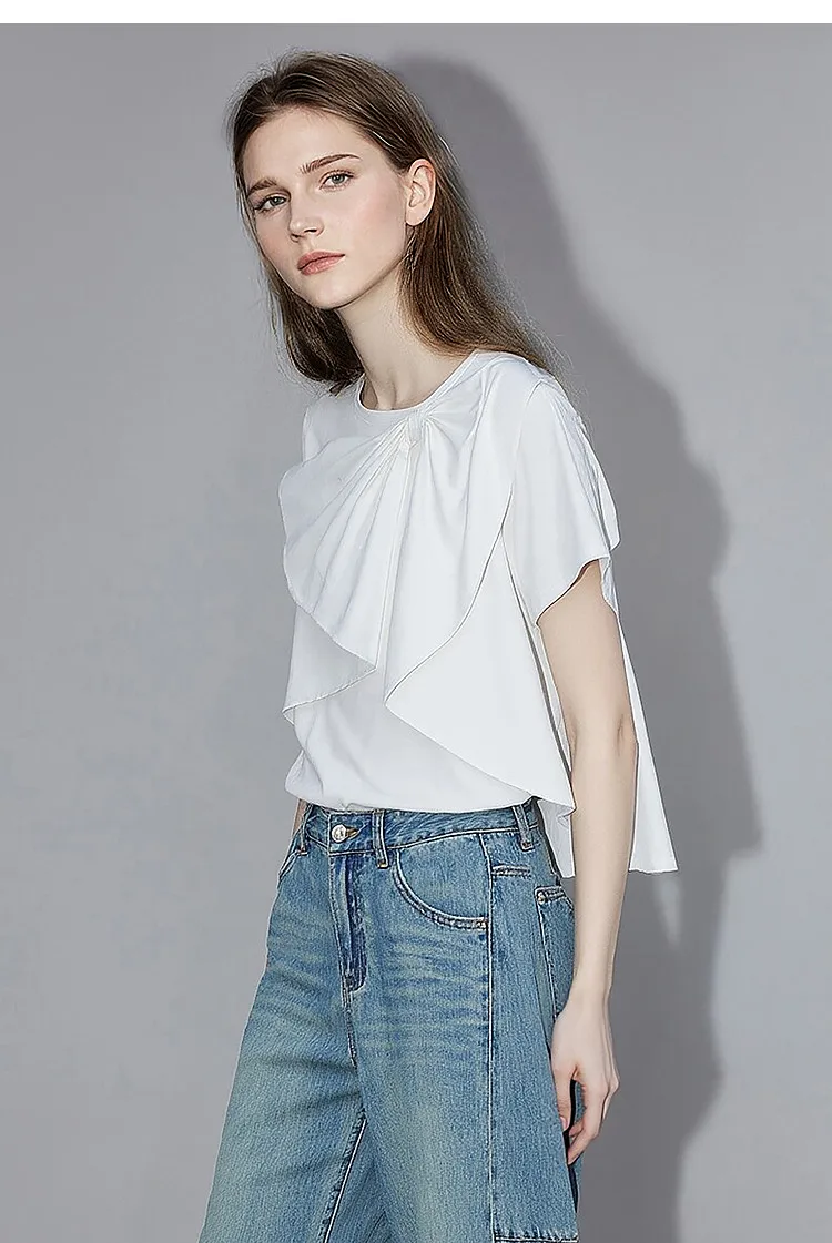 Amii Women's Cotton T-Shirt 2026 Summer New Round Neck Bow Detail Short Sleeve Tee Loose Versatile Casual Top for Women 12652061