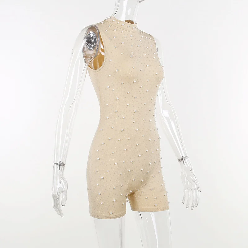 Sexy O-neck Sleeveless Jumpsuit Women Summer Beaded Mesh Rompers Skinny Elegent One Piece Apricot Fashion Hot Combinaison Femme