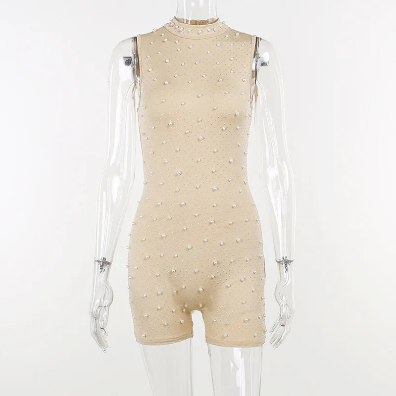 Sexy O-neck Sleeveless Jumpsuit Women Summer Beaded Mesh Rompers Skinny Elegent One Piece Apricot Fashion Hot Combinaison Femme