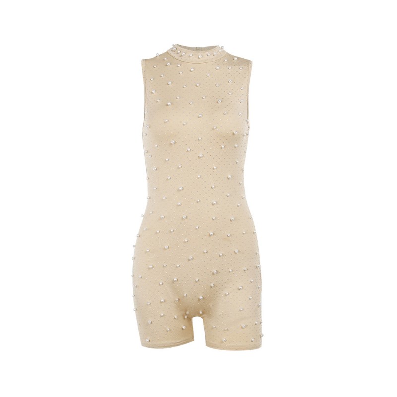 Sexy O-neck Sleeveless Jumpsuit Women Summer Beaded Mesh Rompers Skinny Elegent One Piece Apricot Fashion Hot Combinaison Femme