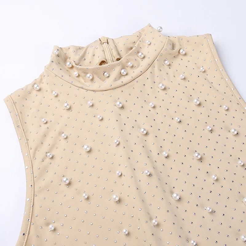 Sexy O-neck Sleeveless Jumpsuit Women Summer Beaded Mesh Rompers Skinny Elegent One Piece Apricot Fashion Hot Combinaison Femme