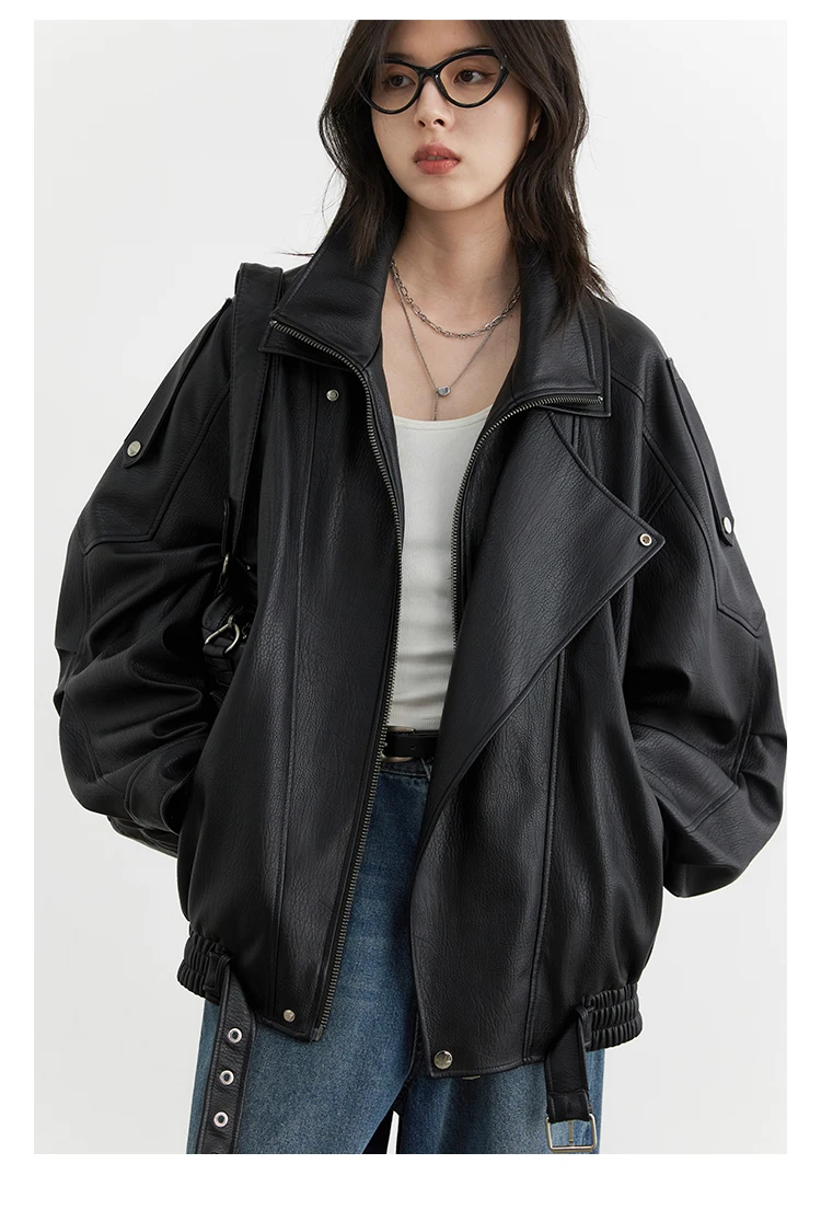 CHIC VEN Woman PU Jacket Solid Loose New Retro Standing Collar Motorcycle Faux Leather Coat Female Top Spring Autumn 2026
