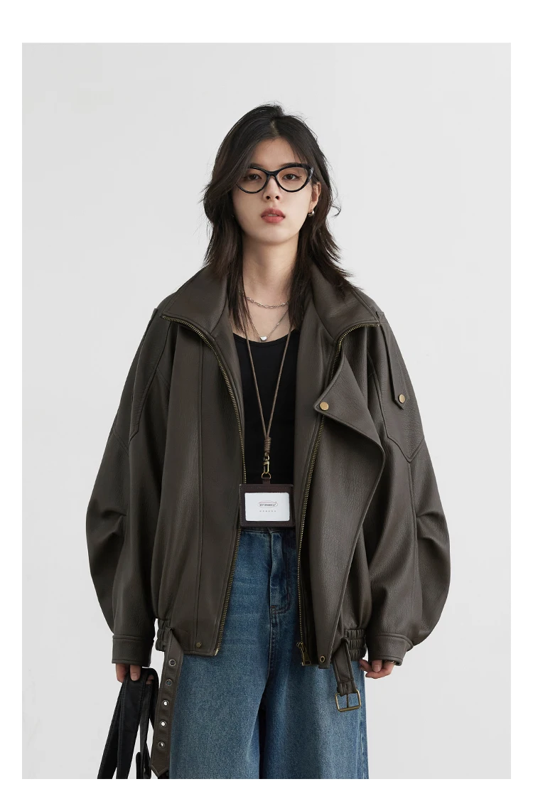 CHIC VEN Woman PU Jacket Solid Loose New Retro Standing Collar Motorcycle Faux Leather Coat Female Top Spring Autumn 2026