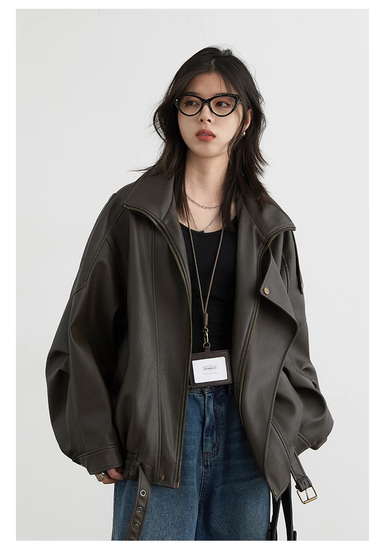 CHIC VEN Woman PU Jacket Solid Loose New Retro Standing Collar Motorcycle Faux Leather Coat Female Top Spring Autumn 2026