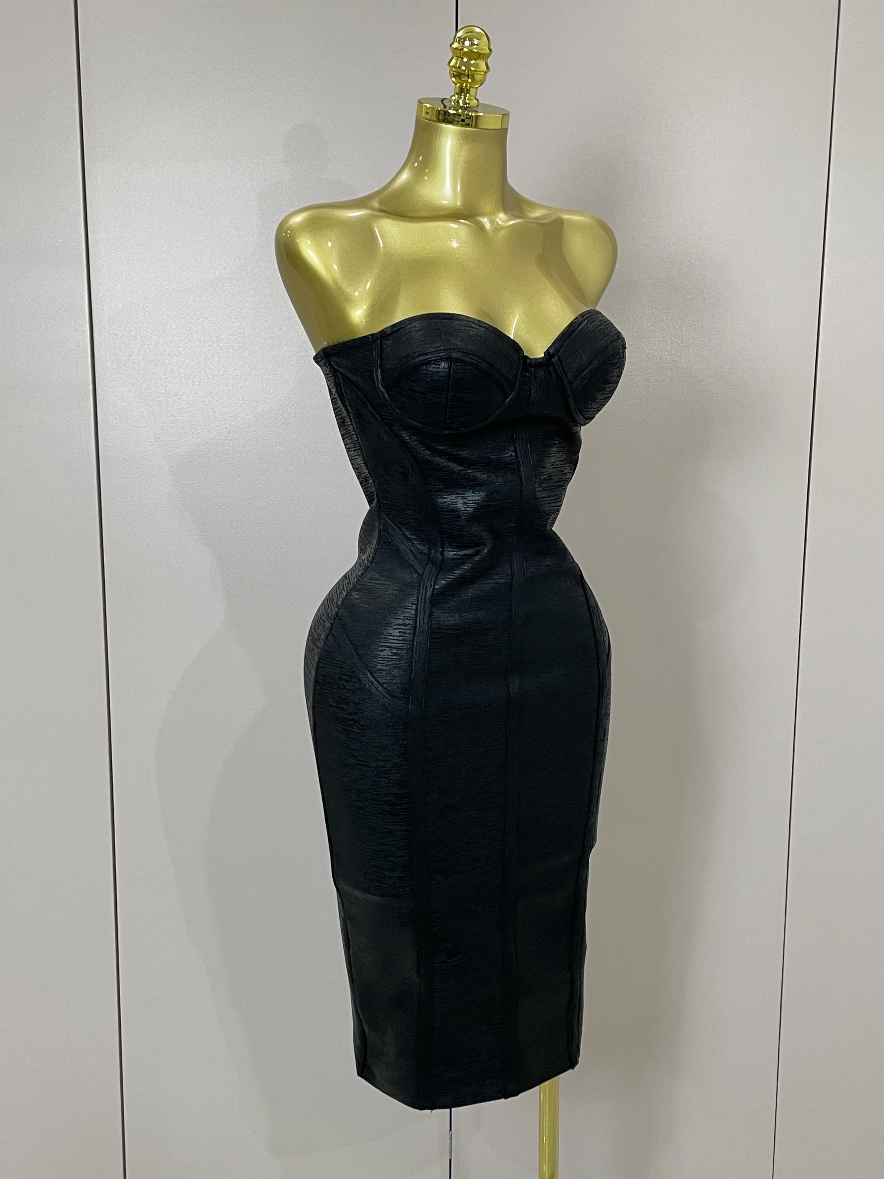 Sexy Strapless Gold Black Foil Color Bodycon Bandage Dress 2025New Women Fashion Celebrate Evening Party Luxury Birthday Dresses