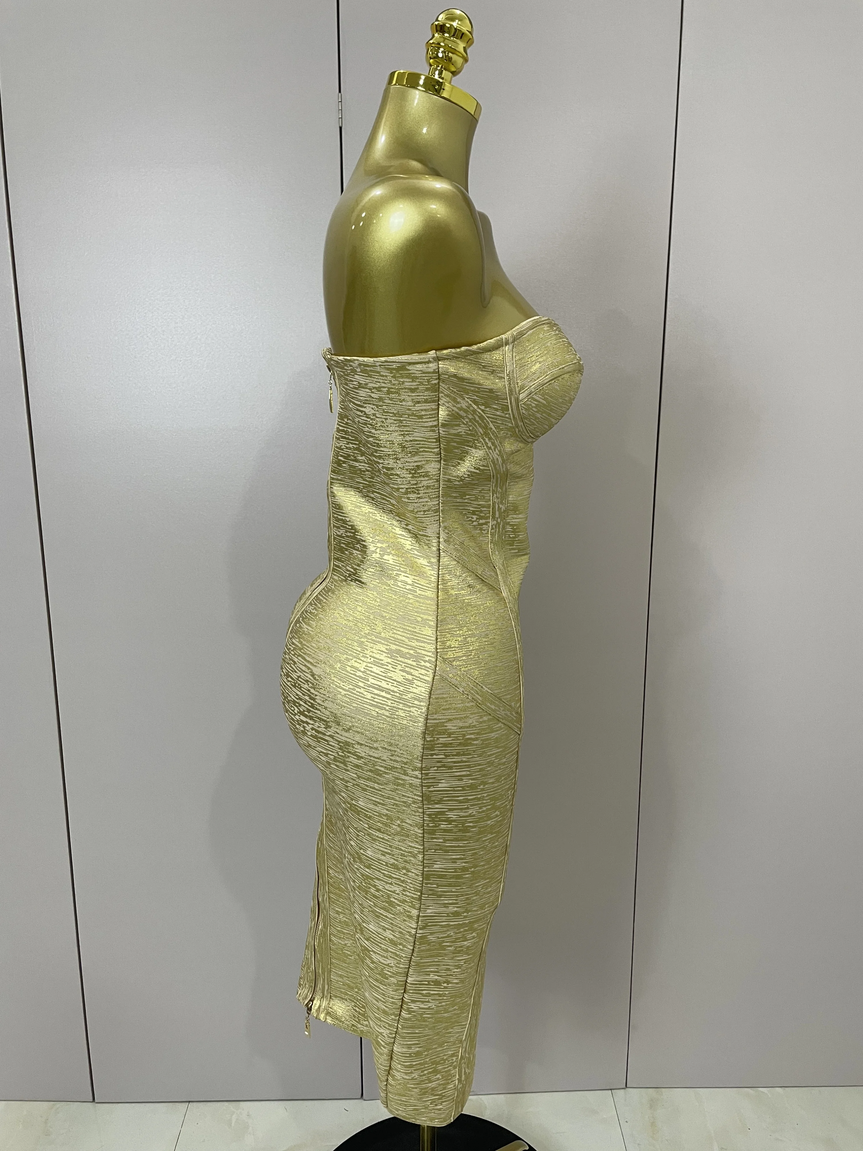 Sexy Strapless Gold Black Foil Color Bodycon Bandage Dress 2025New Women Fashion Celebrate Evening Party Luxury Birthday Dresses