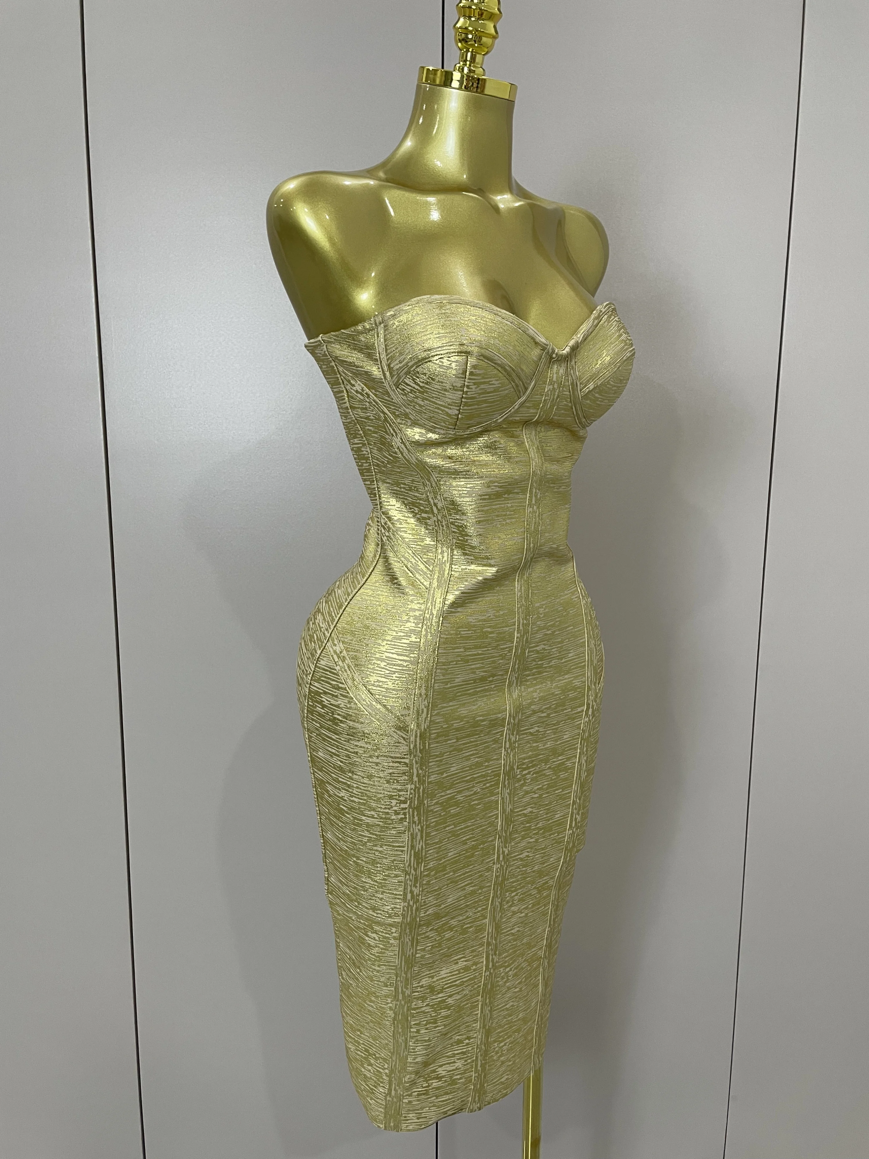 Sexy Strapless Gold Black Foil Color Bodycon Bandage Dress 2025New Women Fashion Celebrate Evening Party Luxury Birthday Dresses