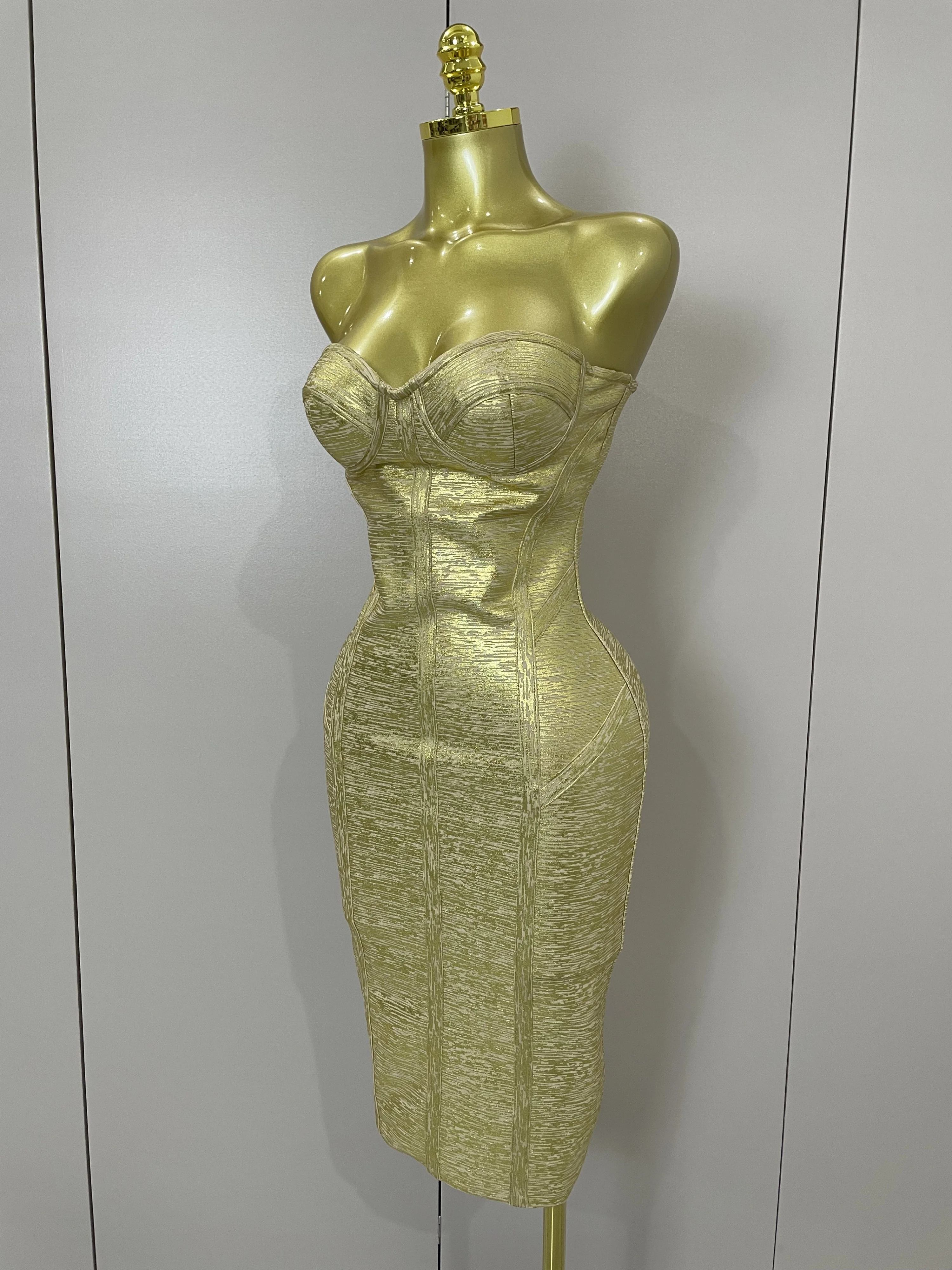 Sexy Strapless Gold Black Foil Color Bodycon Bandage Dress 2025New Women Fashion Celebrate Evening Party Luxury Birthday Dresses