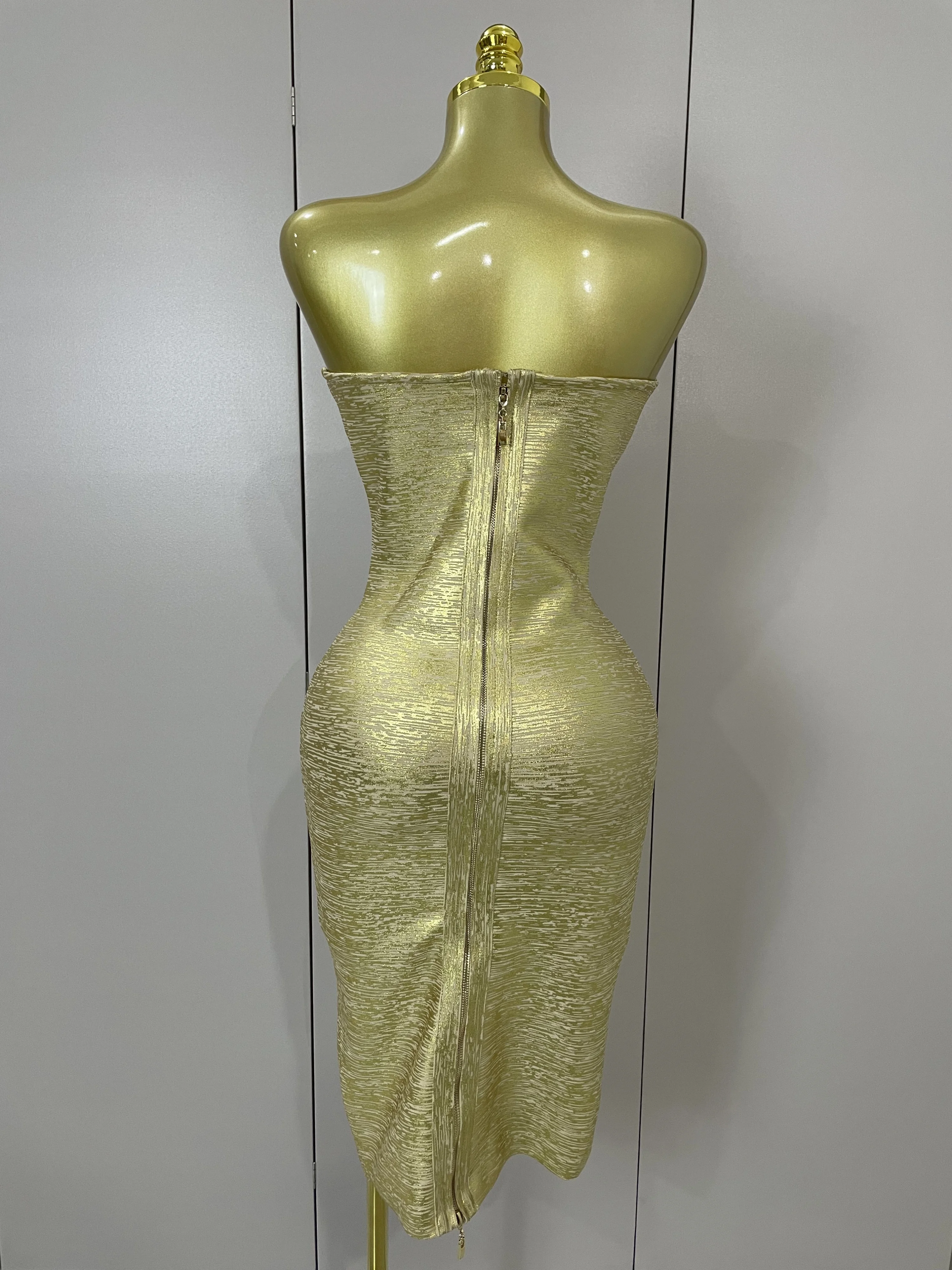 Sexy Strapless Gold Black Foil Color Bodycon Bandage Dress 2025New Women Fashion Celebrate Evening Party Luxury Birthday Dresses