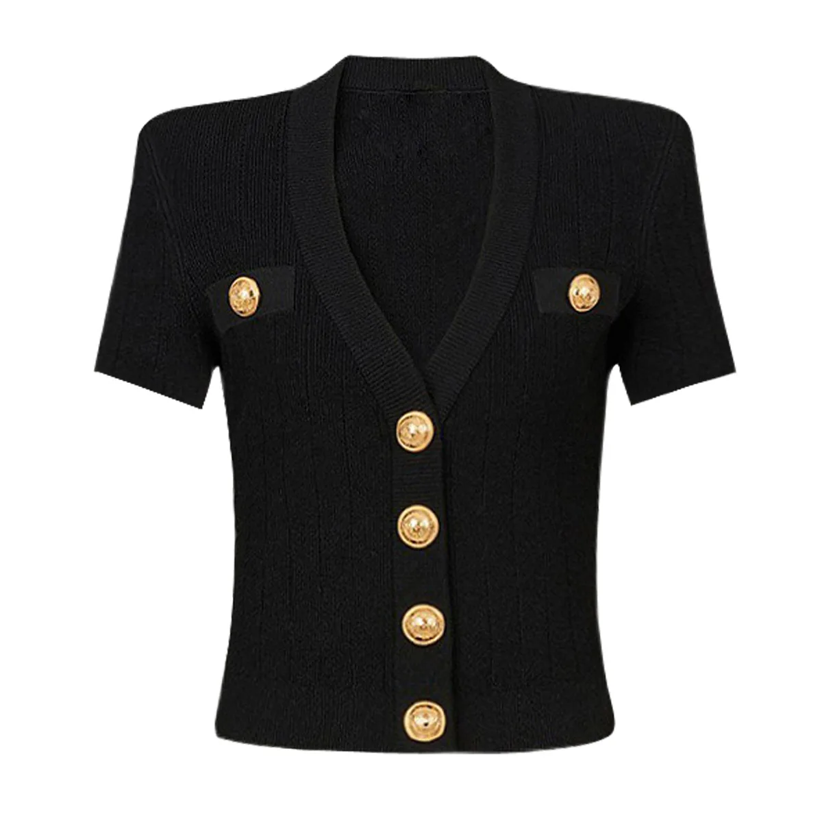 SML Black And White High-quality Fashionable Elastic Knitted Fabric Button Decoration Short Sleeved Slim Fitting Women's T-shirt