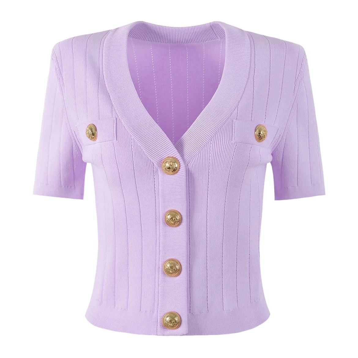 SML Black And White High-quality Fashionable Elastic Knitted Fabric Button Decoration Short Sleeved Slim Fitting Women's T-shirt