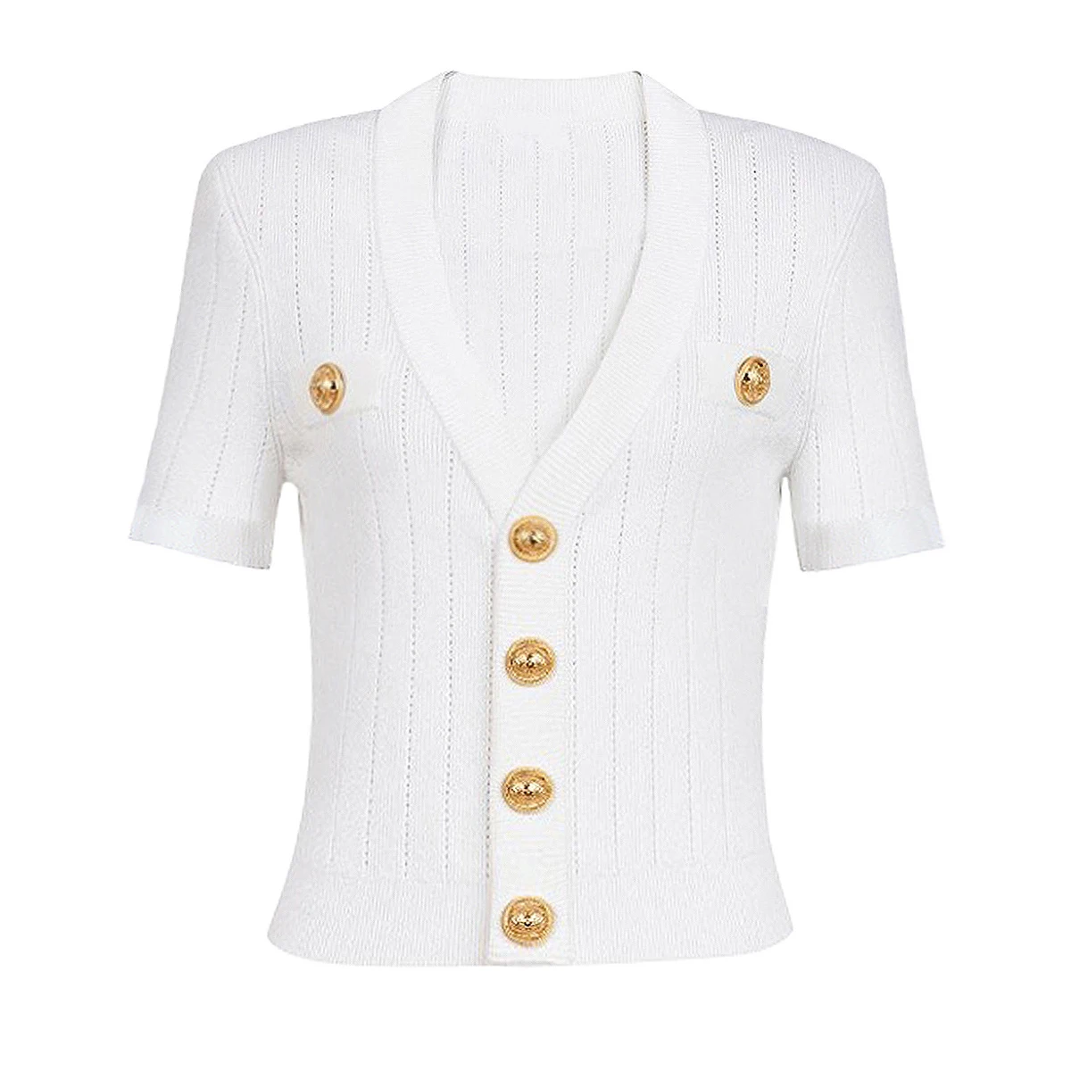 SML Black And White High-quality Fashionable Elastic Knitted Fabric Button Decoration Short Sleeved Slim Fitting Women's T-shirt