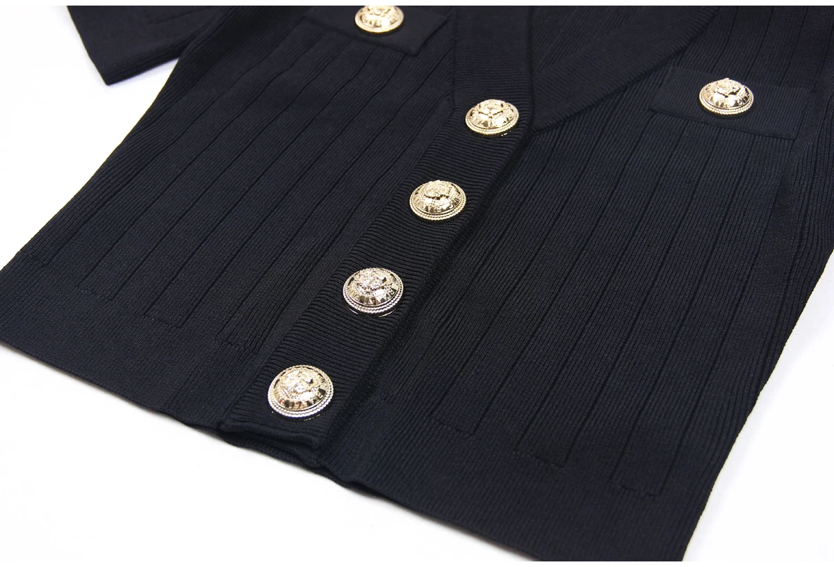 SML Black And White High-quality Fashionable Elastic Knitted Fabric Button Decoration Short Sleeved Slim Fitting Women's T-shirt