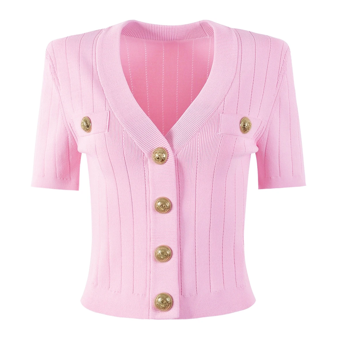 SML Black And White High-quality Fashionable Elastic Knitted Fabric Button Decoration Short Sleeved Slim Fitting Women's T-shirt