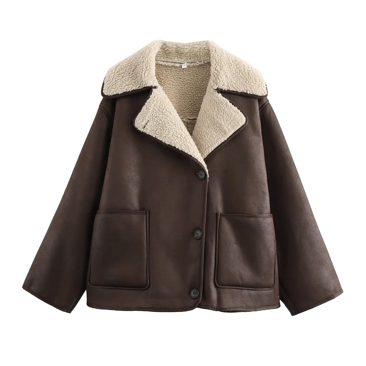 HH Female Autumn Vintage Faux Leather Fleece Jackets Long Sleeves Lapel Single Breasted Pockets Coats Winter Casual Outerwear