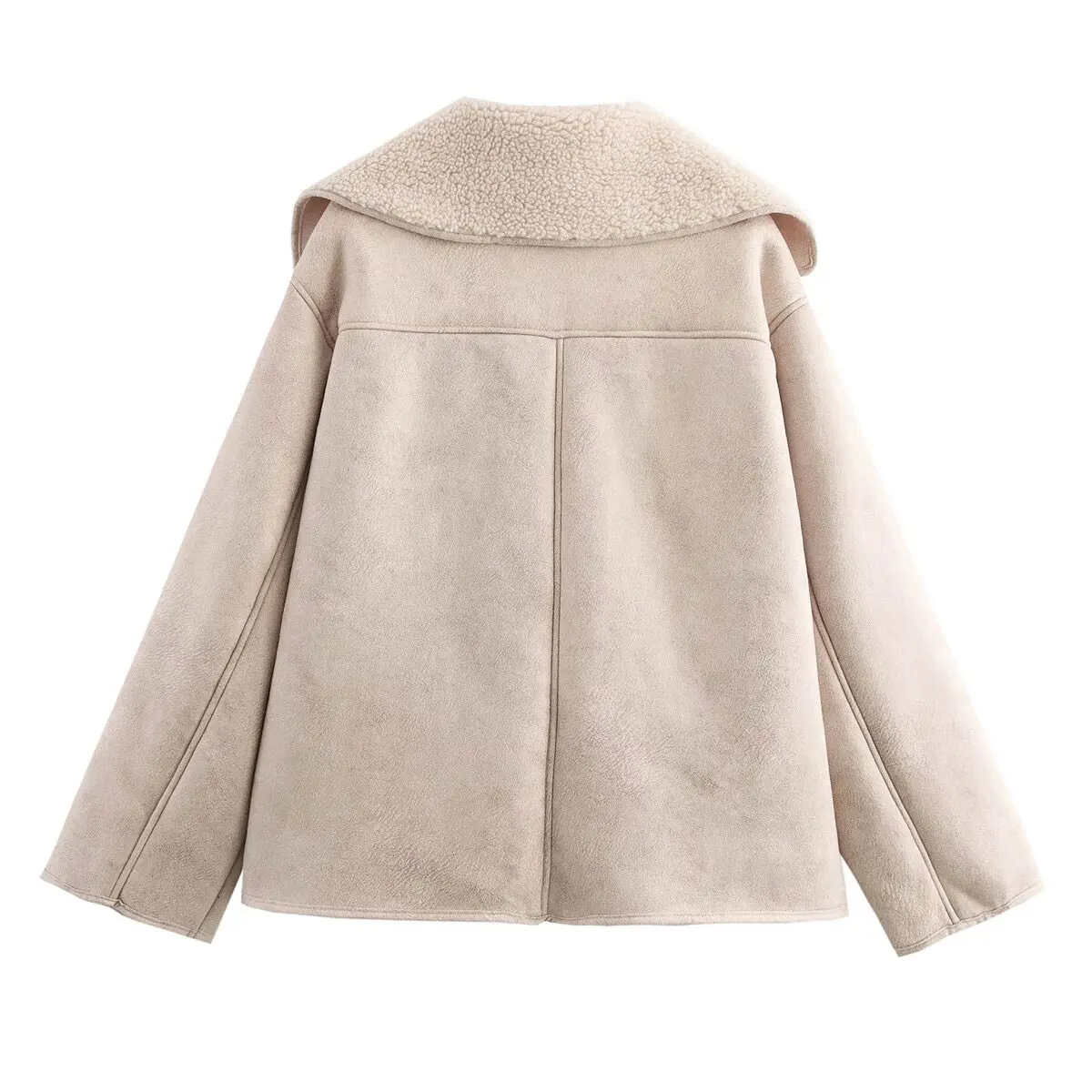 HH Female Autumn Vintage Faux Leather Fleece Jackets Long Sleeves Lapel Single Breasted Pockets Coats Winter Casual Outerwear