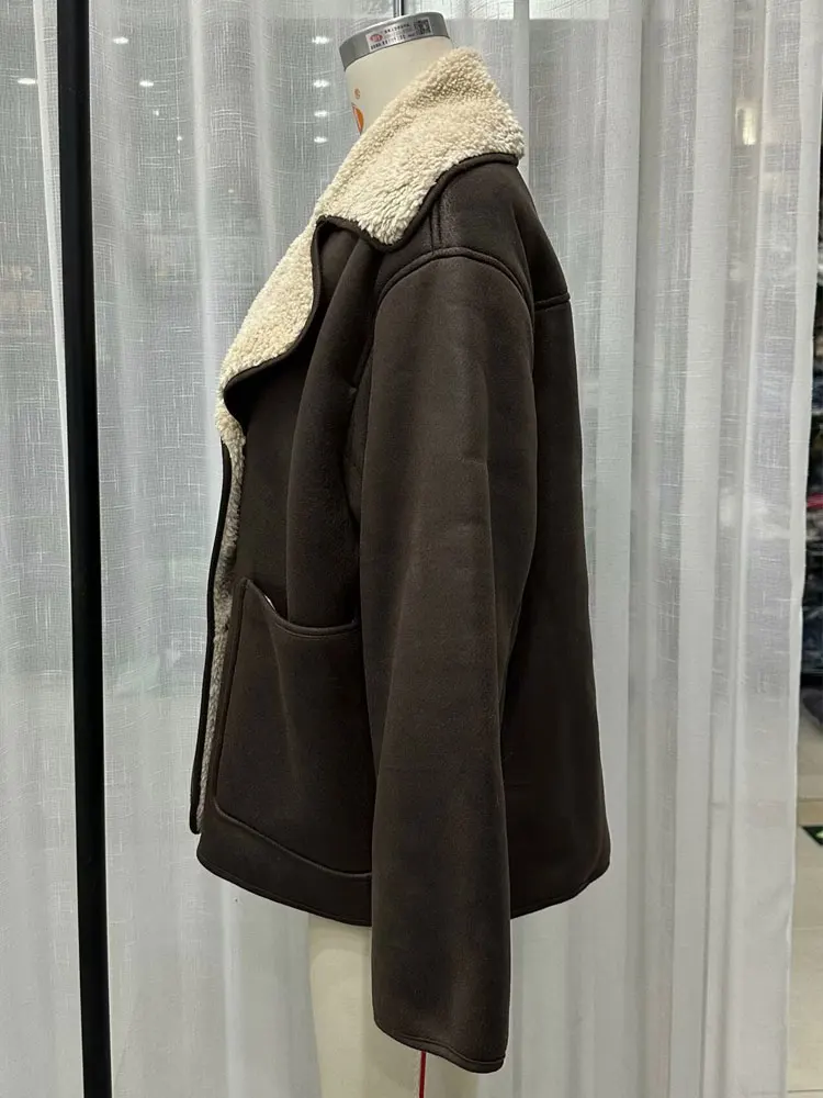 HH Female Autumn Vintage Faux Leather Fleece Jackets Long Sleeves Lapel Single Breasted Pockets Coats Winter Casual Outerwear