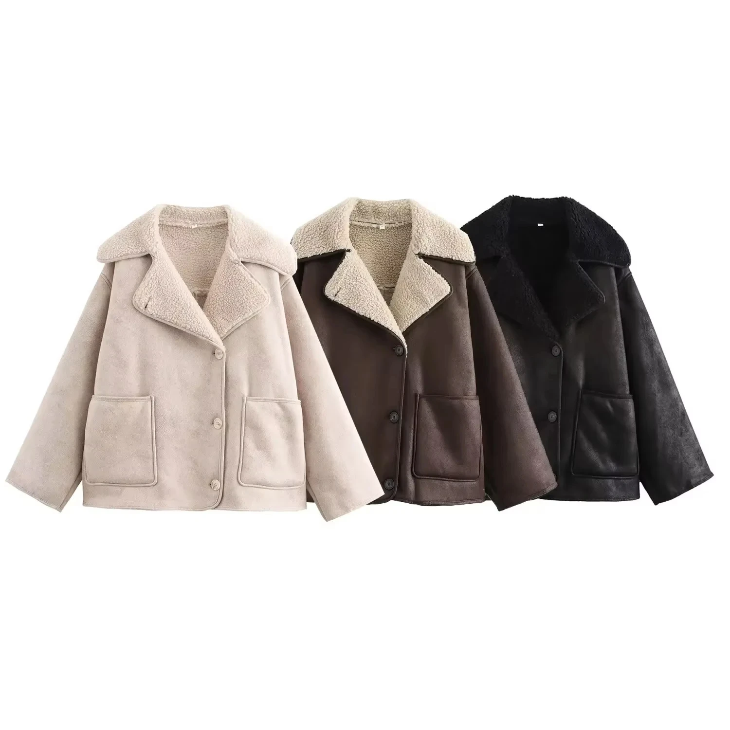 HH Female Autumn Vintage Faux Leather Fleece Jackets Long Sleeves Lapel Single Breasted Pockets Coats Winter Casual Outerwear