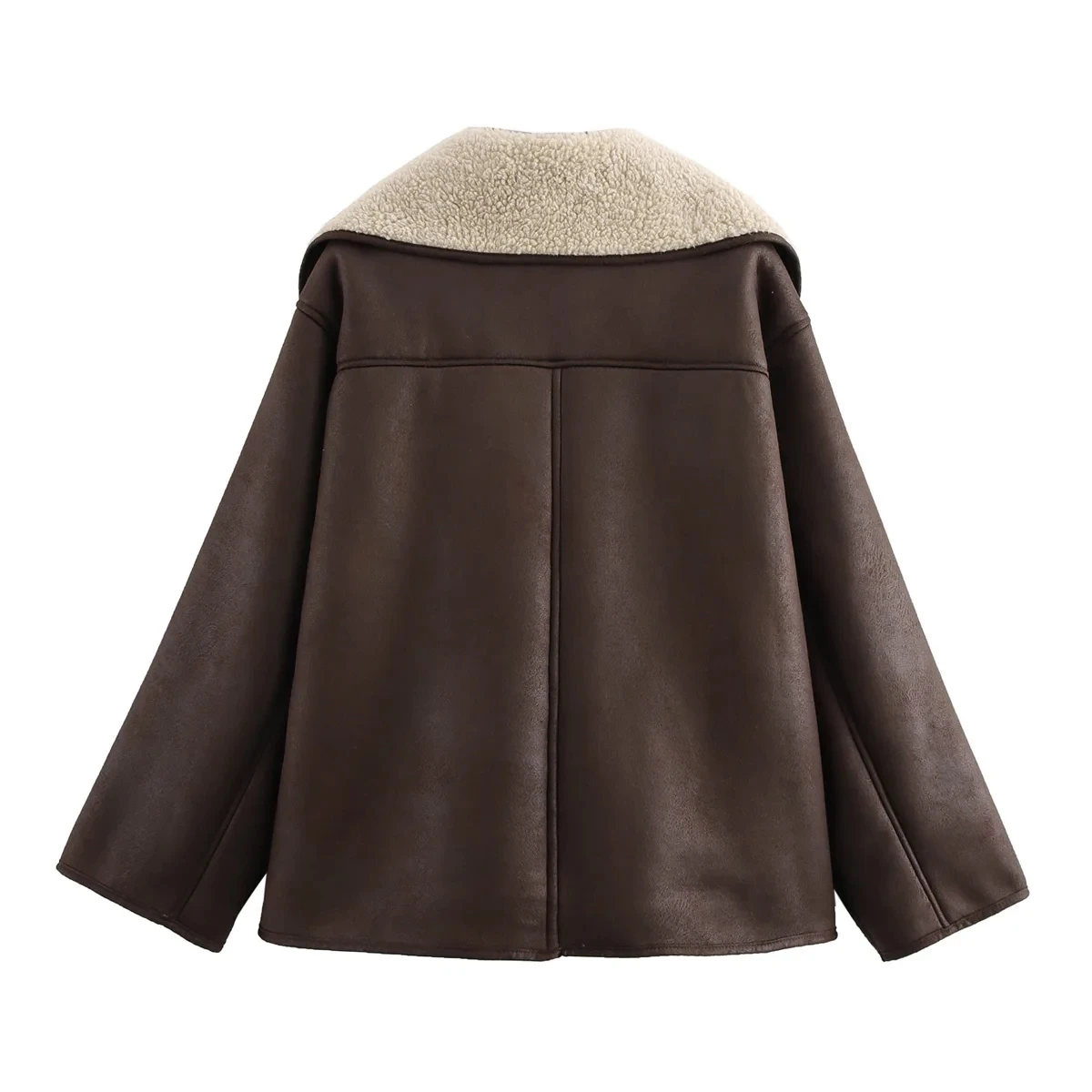 HH Female Autumn Vintage Faux Leather Fleece Jackets Long Sleeves Lapel Single Breasted Pockets Coats Winter Casual Outerwear