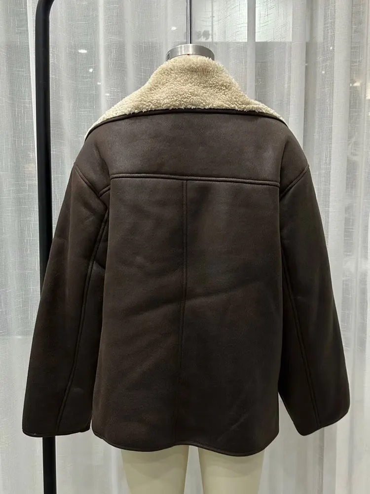 HH Female Autumn Vintage Faux Leather Fleece Jackets Long Sleeves Lapel Single Breasted Pockets Coats Winter Casual Outerwear