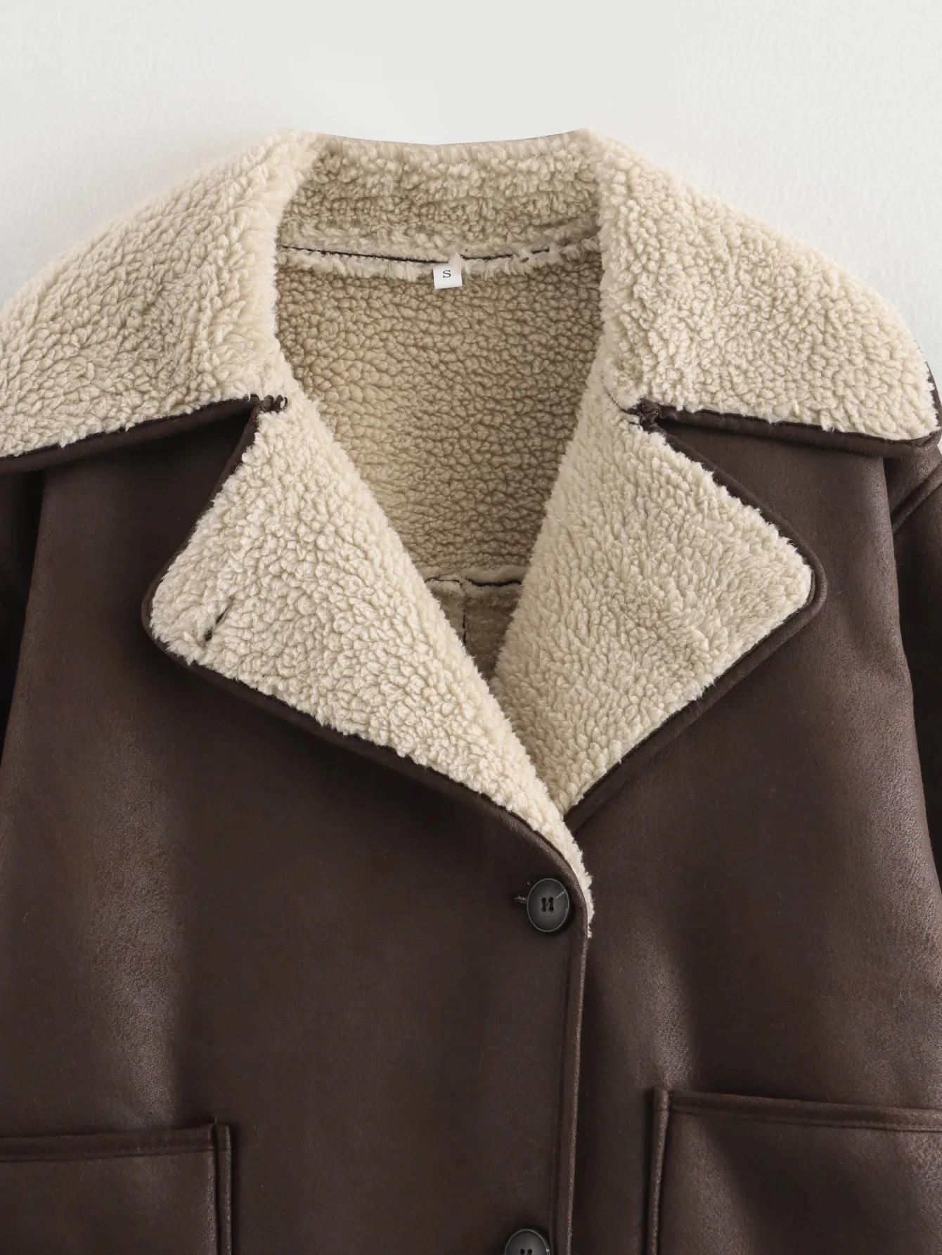 HH Female Autumn Vintage Faux Leather Fleece Jackets Long Sleeves Lapel Single Breasted Pockets Coats Winter Casual Outerwear