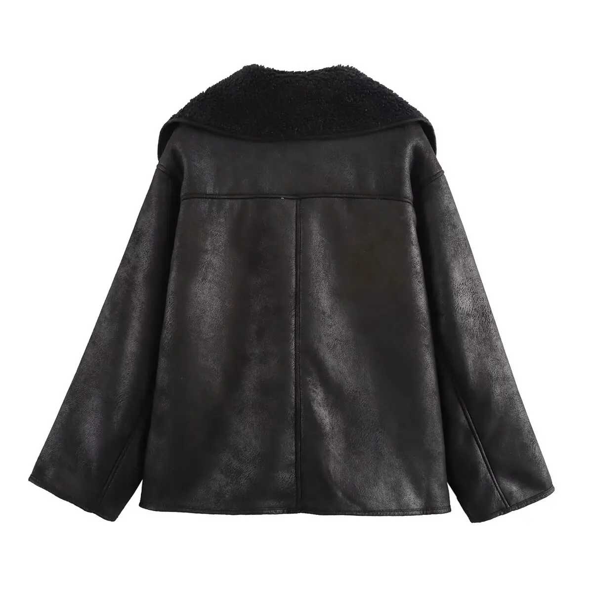 HH Female Autumn Vintage Faux Leather Fleece Jackets Long Sleeves Lapel Single Breasted Pockets Coats Winter Casual Outerwear