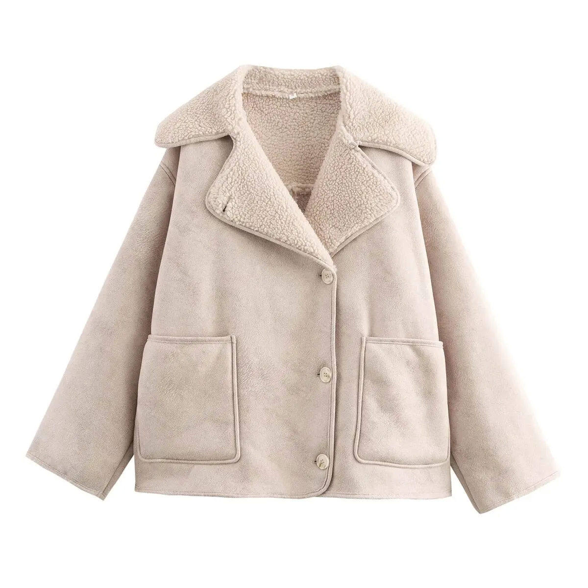 HH Female Autumn Vintage Faux Leather Fleece Jackets Long Sleeves Lapel Single Breasted Pockets Coats Winter Casual Outerwear