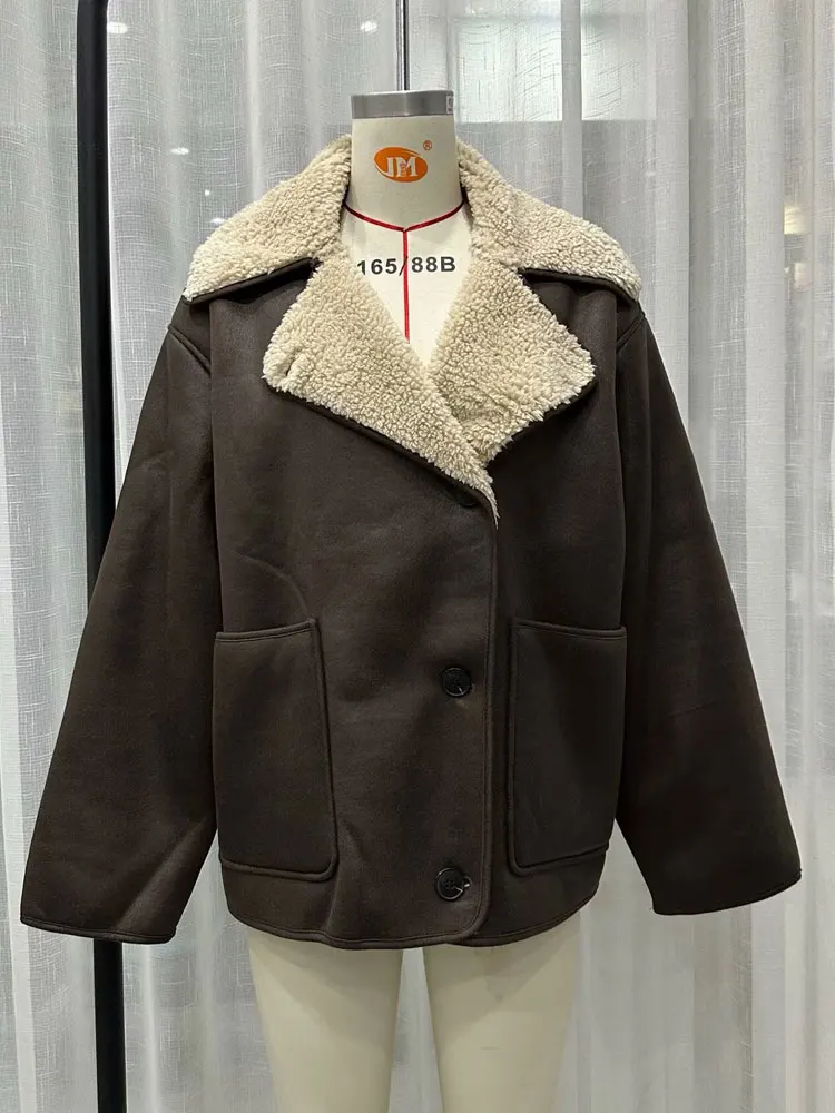 HH Female Autumn Vintage Faux Leather Fleece Jackets Long Sleeves Lapel Single Breasted Pockets Coats Winter Casual Outerwear