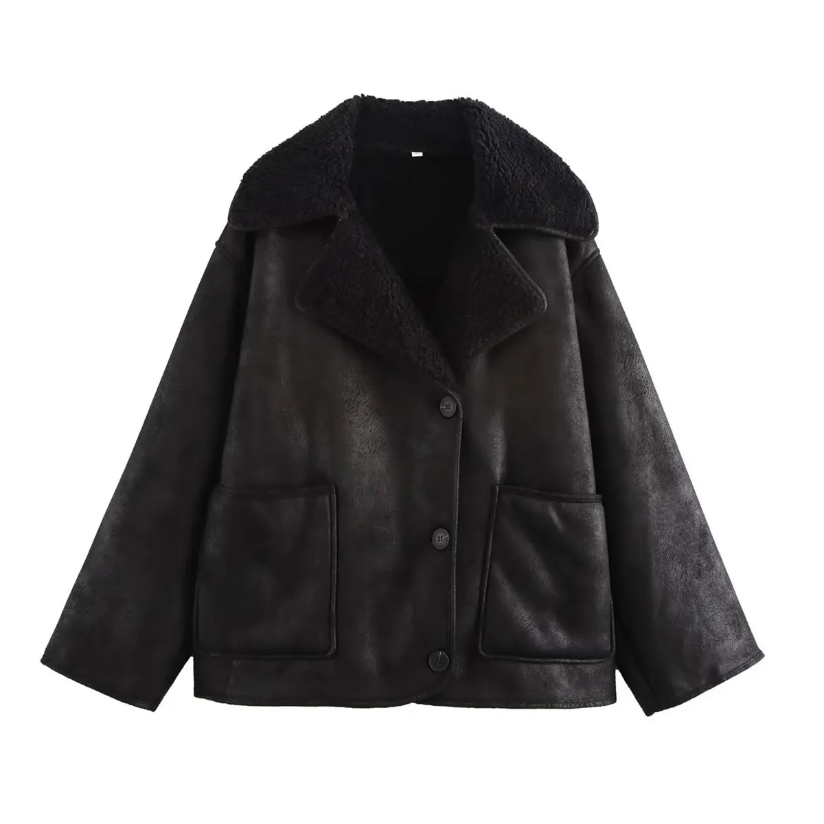 HH Female Autumn Vintage Faux Leather Fleece Jackets Long Sleeves Lapel Single Breasted Pockets Coats Winter Casual Outerwear