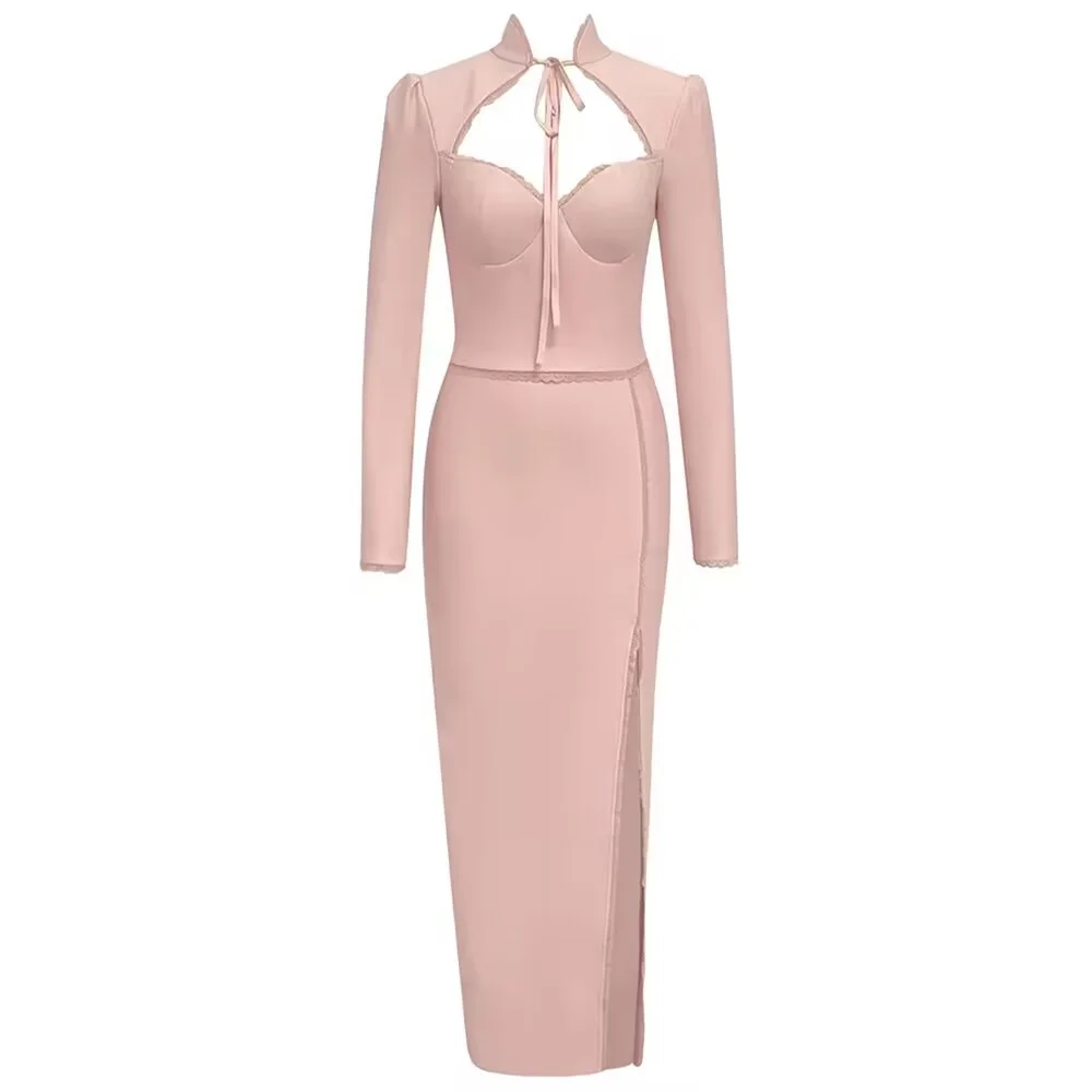 Sexy Striped Lace Up Midi Calf Women Bandage Dress Long Sleeve Square Collar Split Bodycon Celebrity Evening Party Dress